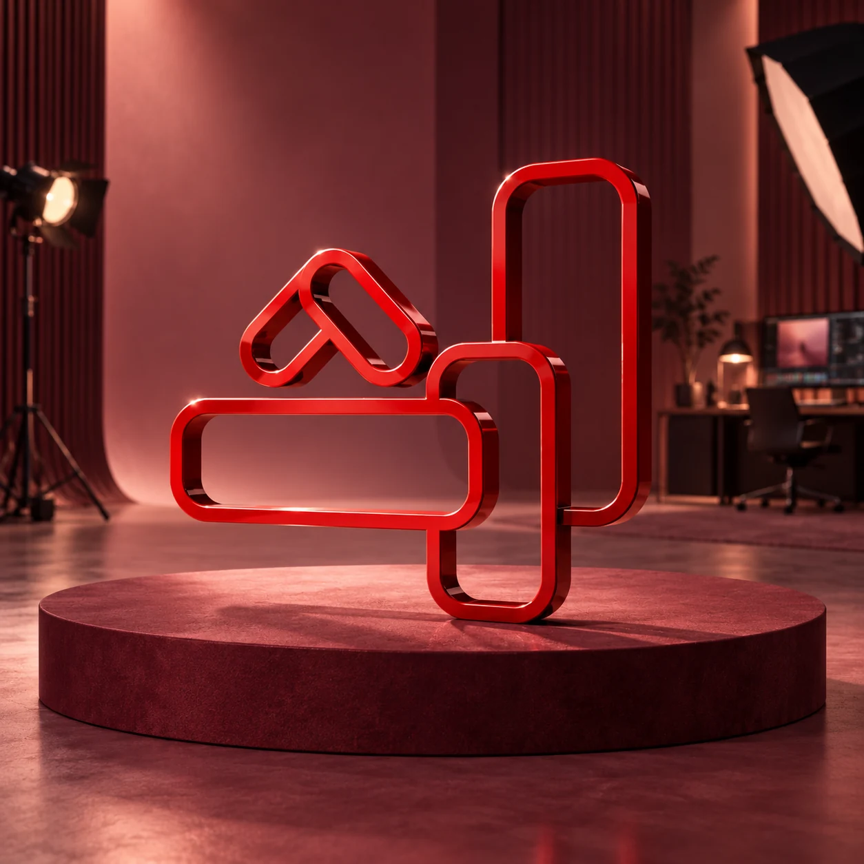 The red Irth sculpture centered in a burgundy creative studio